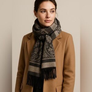 V. Fraas Cashmink Scarf Gray & Black Baroque Pattern Fringe Made in Germany